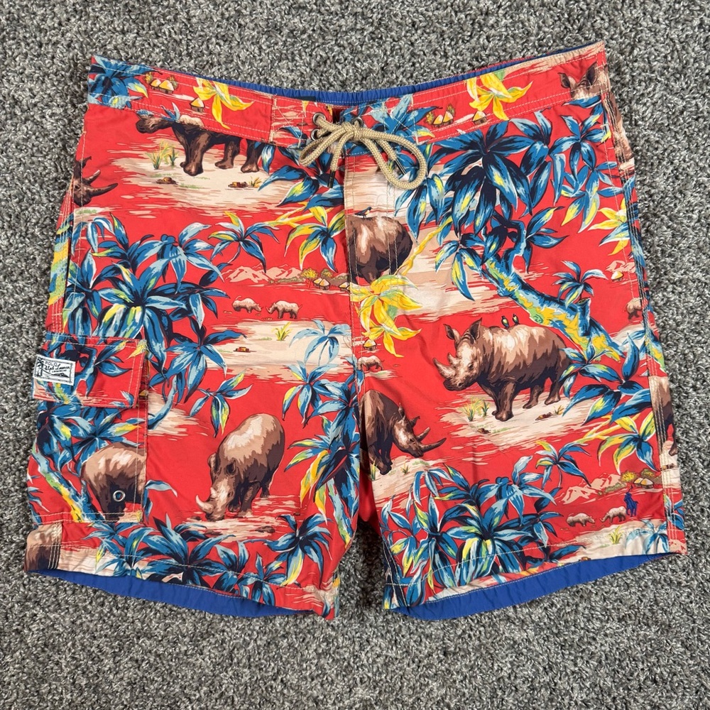 Polo Ralph Lauren 90s/Y2K Men’s Medium Tropical Rhino All-Over-Print Swim Trunks